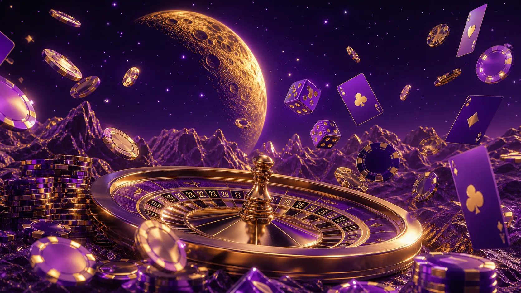 Stunning futuristic hero banner for Lunarspins casino featuring cyberpunk neon lights with floating poker chips and glowing e