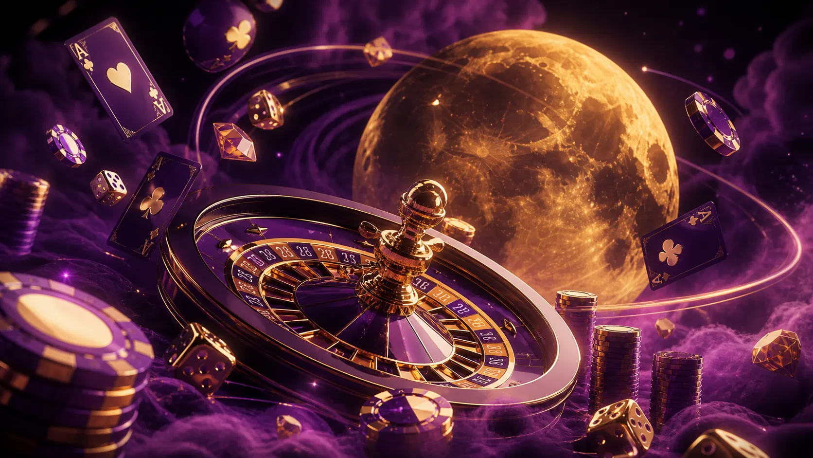 Lunarspins hero image with neon cyberpunk aesthetic, featuring floating poker chips and glowing roulette wheel against a dark